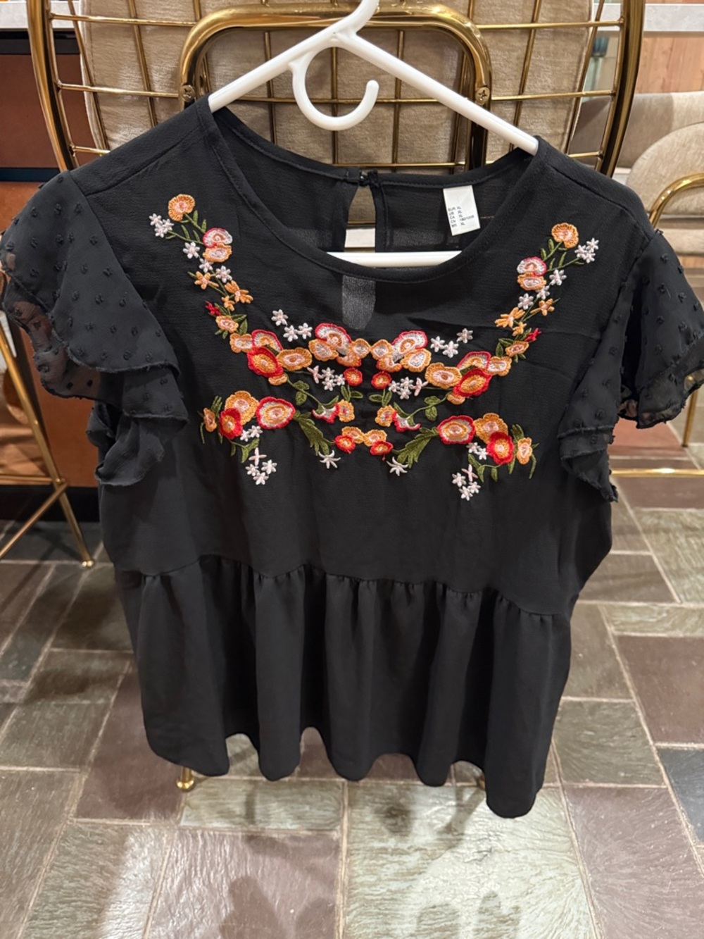 Embroidered Floral Black Peplum Blouse